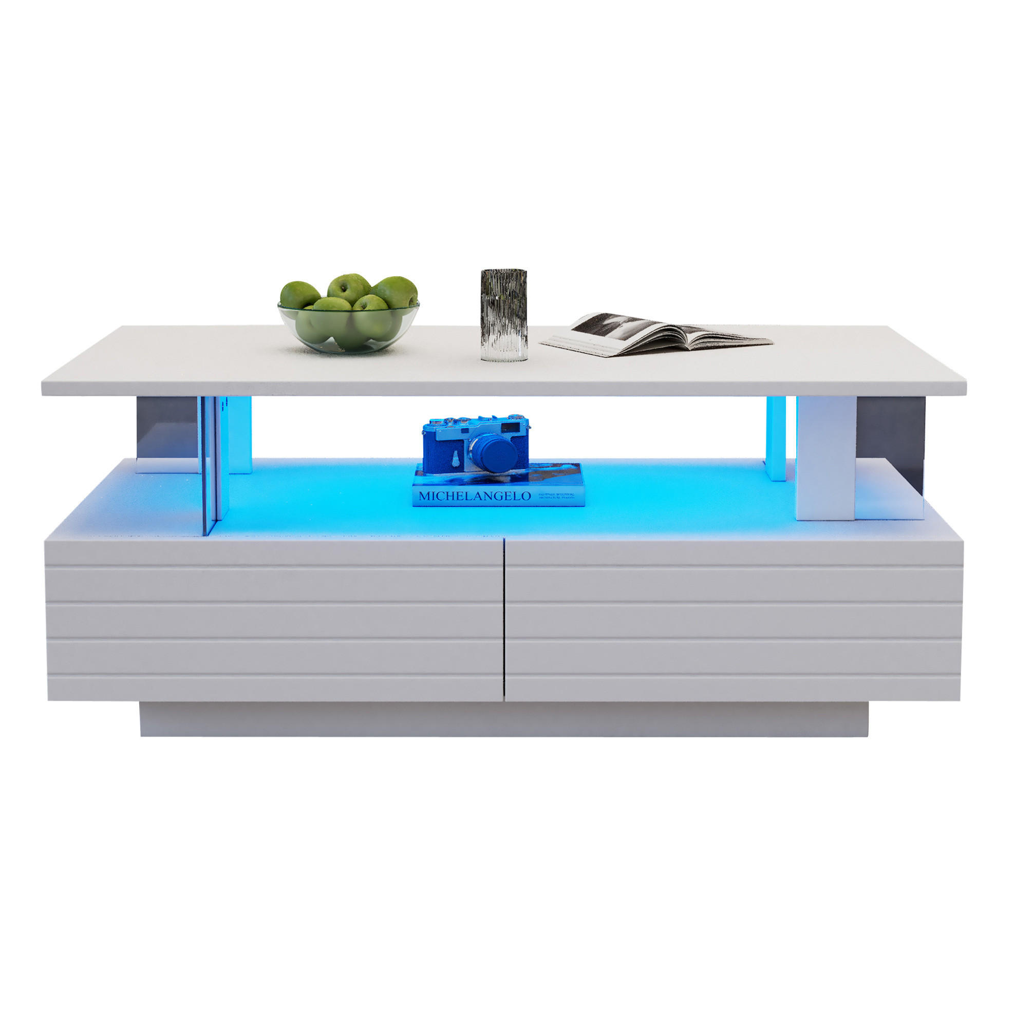 COUCHTISCH 100/50/42 cm in Weiß mit LED-Beleuchtung und 2 Schubladen - Weiß, Holzwerkstoff (100/50/42cm) - Flora Grace