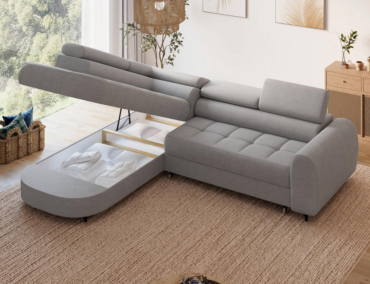 ECKSOFA Vesteria mit Schlaffunktion und Bettkasten – Modernes Design, verstellbare Kopfstützen und hoher Sitzkomfort - Grau, Kunststoff (279/72cm) - Wohnideebilder