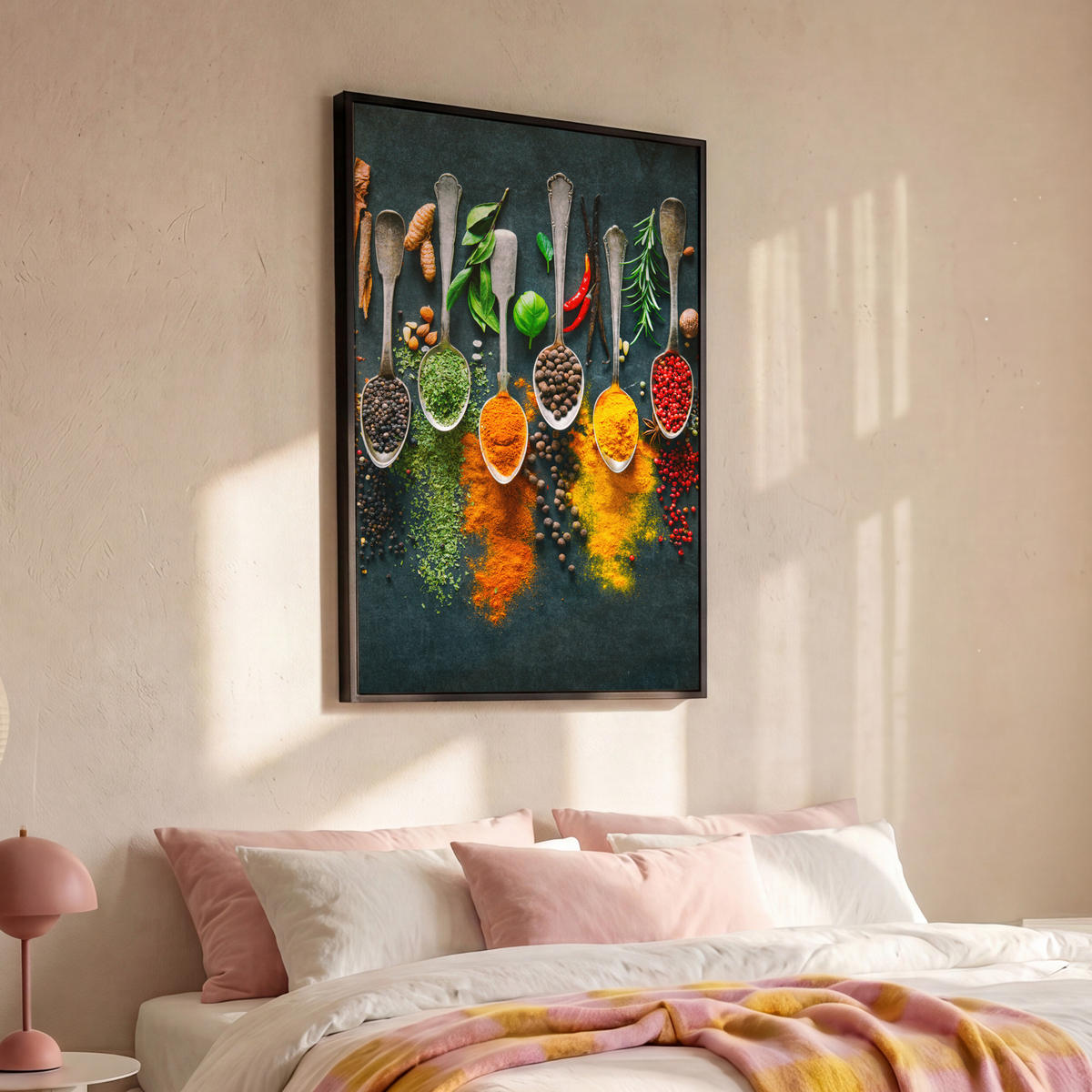 LEINWAND Bilder mit Rahmen - Kräuter - Gewürze - Löffel - 100x150 - Currygelb, Textil (100/150cm) - MuchoWow
