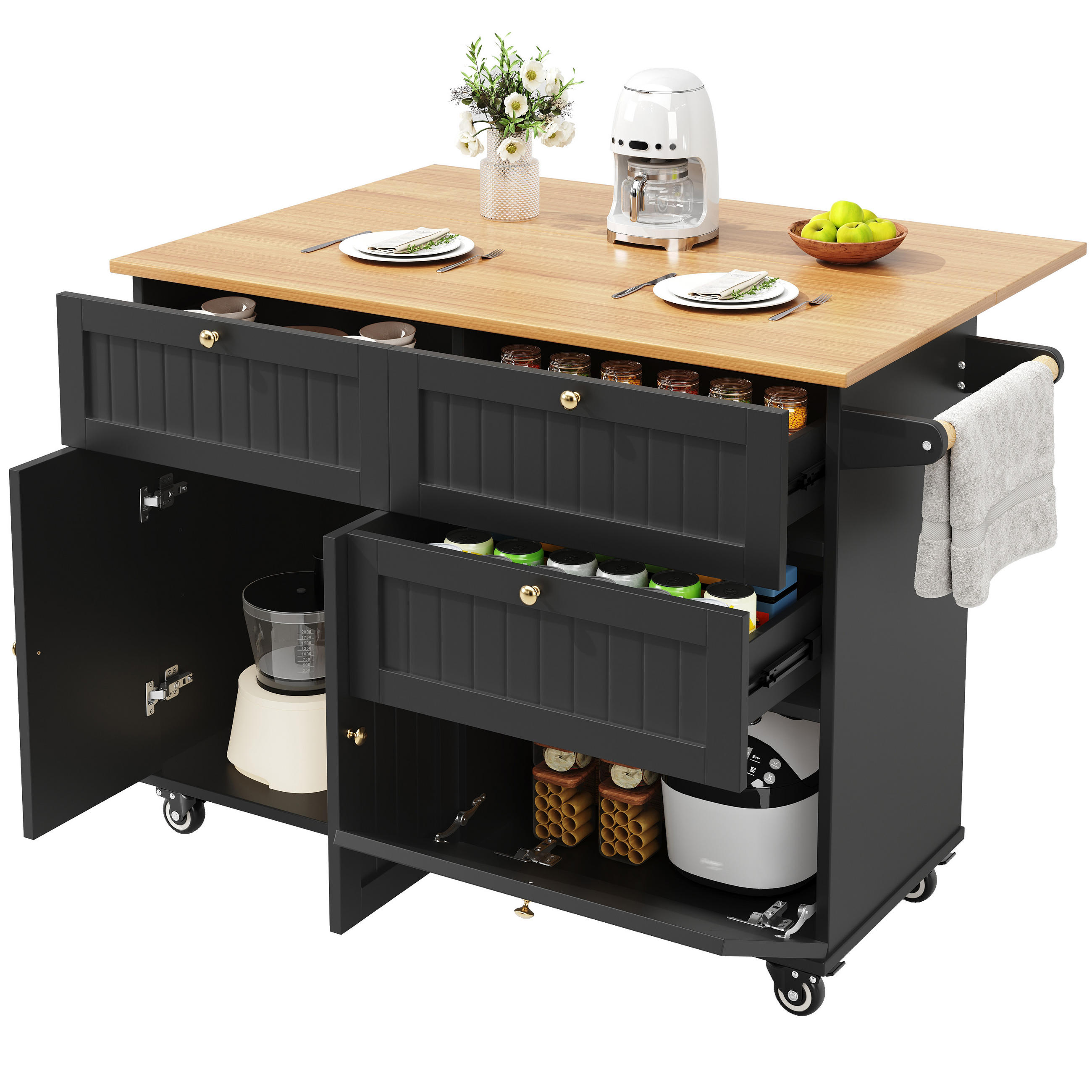 KÜCHENINSEL 133/70/88 cm Schwarz mit Klappfunktion, 3D-Türen und 360° Rollen - Schwarz, Holz/Holzwerkstoff (133/88/70cm) - Oxeza