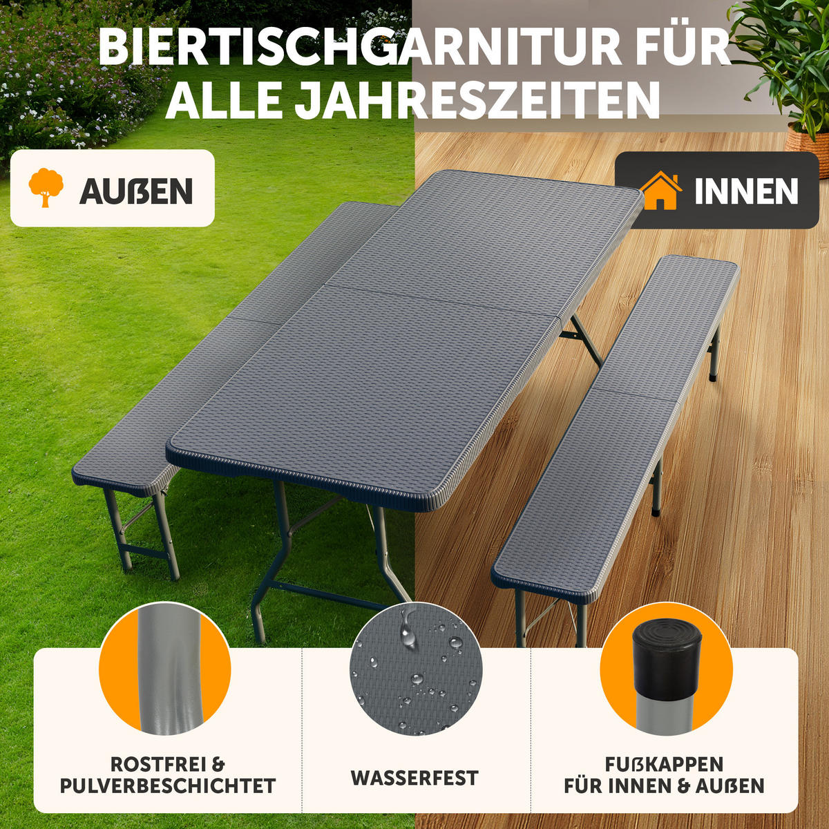 BIERZELTGARNITUR 3-teilig, 2x Bank & 1x Tisch in Grau mit Rattanmuster - Grau, Kunststoff - Blumtal