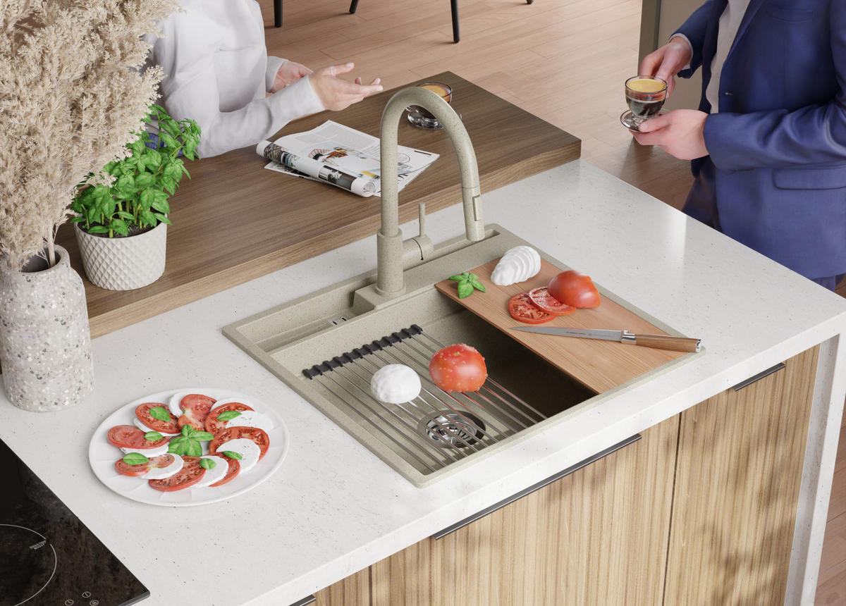 SPÜLBECKEN Oslo Pocket, 2-er set Beige 58/53 cm 1 Becken + Ablauf-Set + Küchenzubehörset ab 60er Unterschrank - Chromfarben/Beige, Kunststoff (58/20/53cm) - Primagran