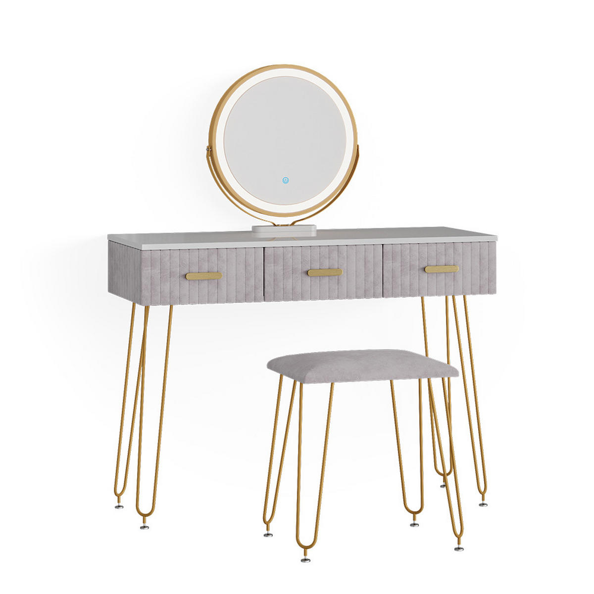 SCHMINKTISCH Layla Grau 100 cm mit LED Beleuchtung und Hocker - Grau, Holzwerkstoff (100/79/40cm) - Vicco