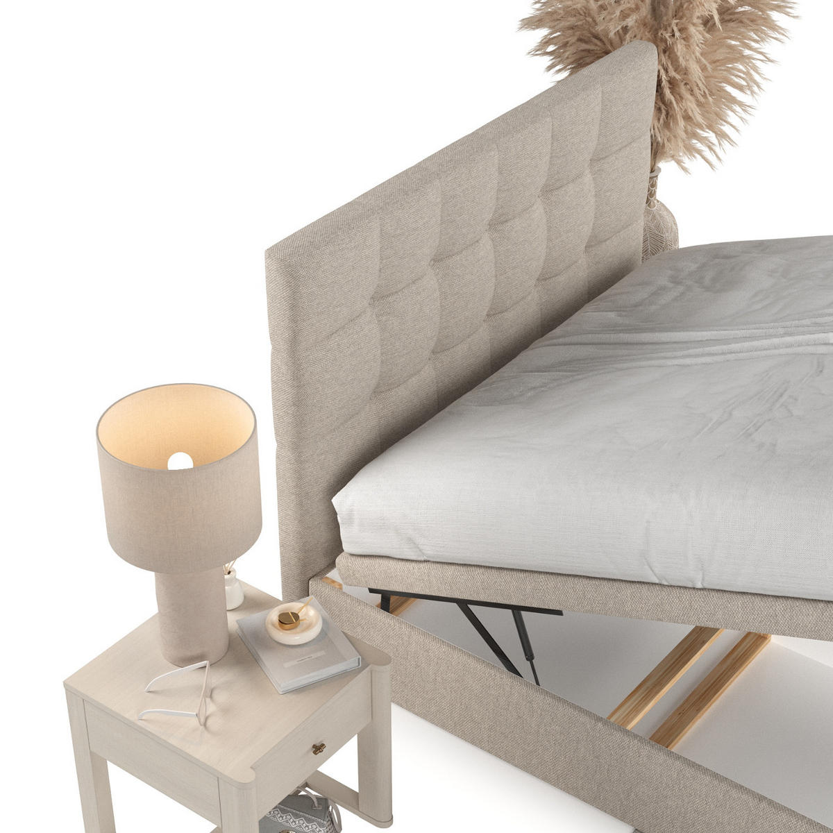 POLSTERBETT Guam mit Stauraum 120/200 cm Hellbeige im Megan Stoff - Beige/Schwarz, Holz/Holzwerkstoff (120/200cm) - AltaBeds