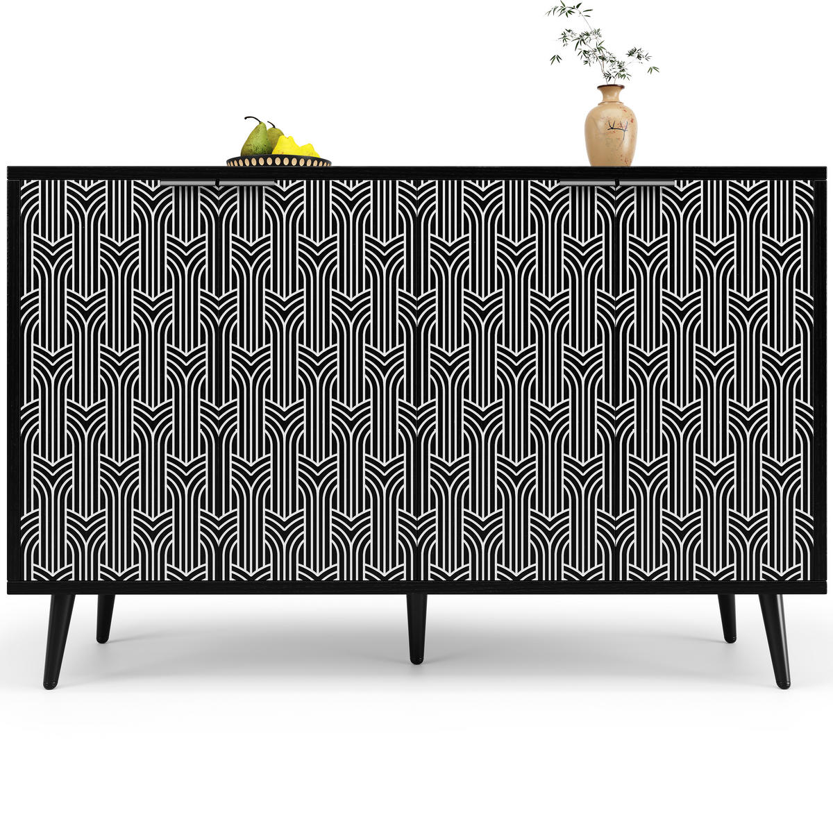 SIDEBOARD 120/35/78 cm, schwarz-weißes Geometriemuster, verstellbare Einlegeböden, Schwarz - Schwarz, Holzwerkstoff (120/78/35cm) - Redom