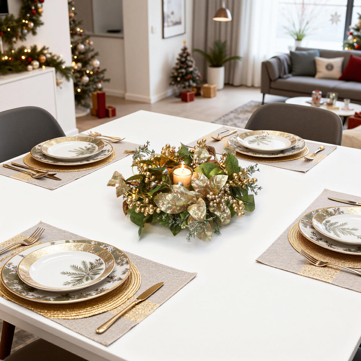 40CM Weihnachtskranz mit LED & Timer, Goldblätter & Beeren - Grün, Kunststoff (45cm) - Hometopia