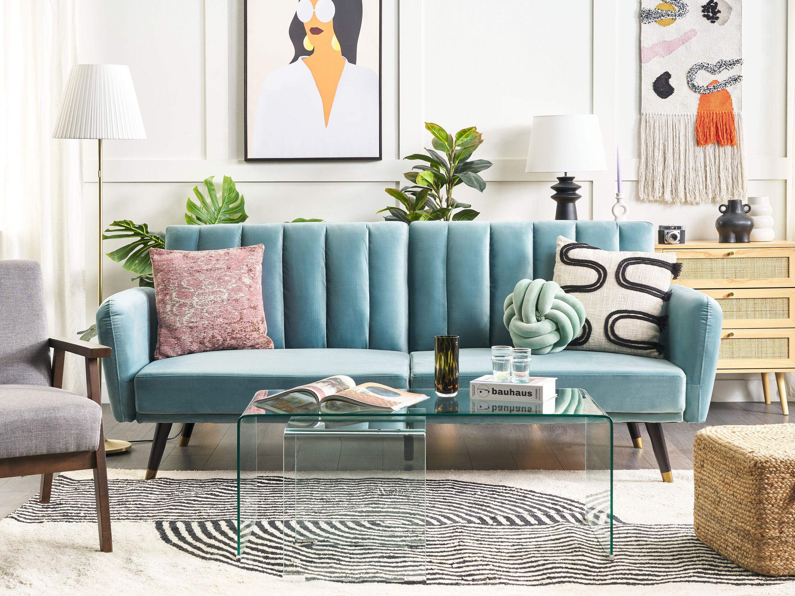 3-SITZER-SCHLAFSOFA Samtstoff Hellblau Vimmerby - Hellblau, Textil (212/90/80cm) - Beliani