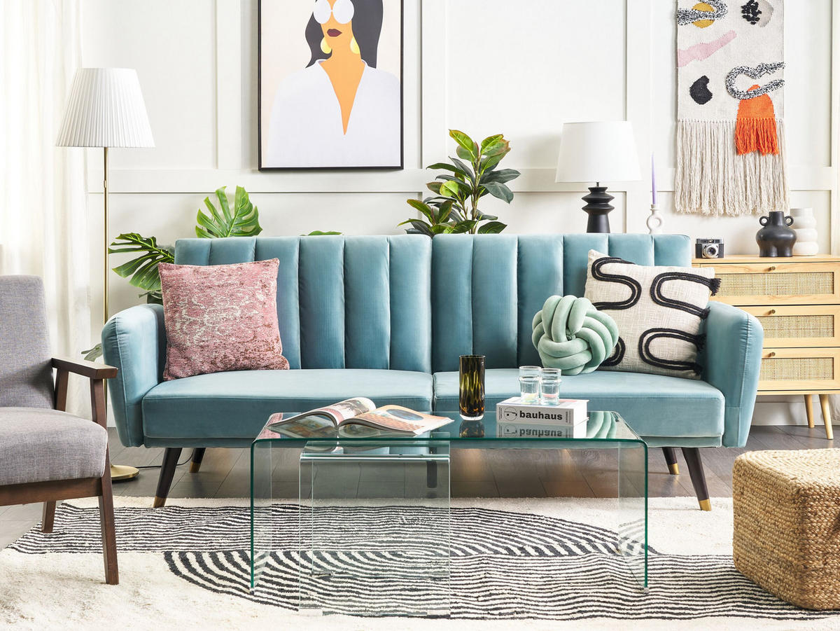 3-SITZER-SCHLAFSOFA Samtstoff Hellblau Vimmerby - Hellblau, Textil (212/90/80cm) - Beliani