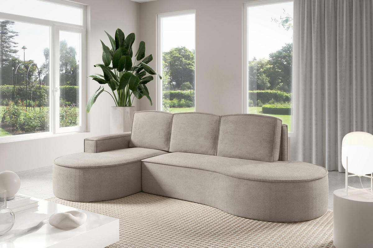 ECKSOFA MOLLY mit Schlaffunktion – Halbrund, freistehend, Liegefläche 140x207 cm, 3 Kissen, Abriamo-Stoff, 277x157x88 cm, Links Esche - Silberfarben, Holz/Textil (157/277cm) - DomoHome