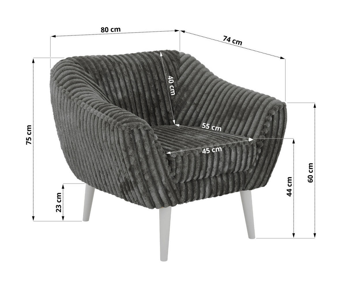 SESSEL PIRS - Grau Cord - Weiße Beine - Weiß/Grau, Holzwerkstoff/Textil (80/75/74cm) - MKS