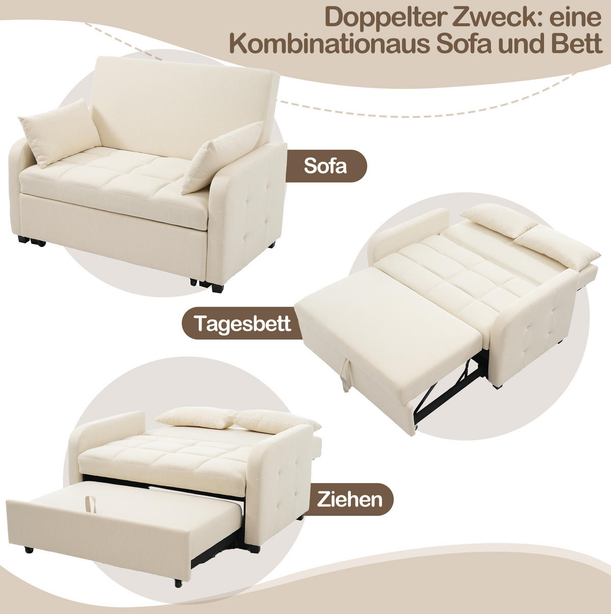 SCHLAFSOFA Klappsofa Baumwolle-Leinen mit verstellbarer Rückenlehne Beige 127/75/94 cm - Beige, Textil (75/94/127cm) - Redom