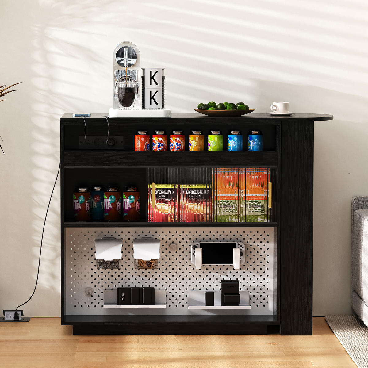 SIDEBOARD 120x50x95.5 cm Schwarz mit LED-Beleuchtung & Ladestation - Schwarz, Holzwerkstoff (120/95.5/50cm) - Modfu