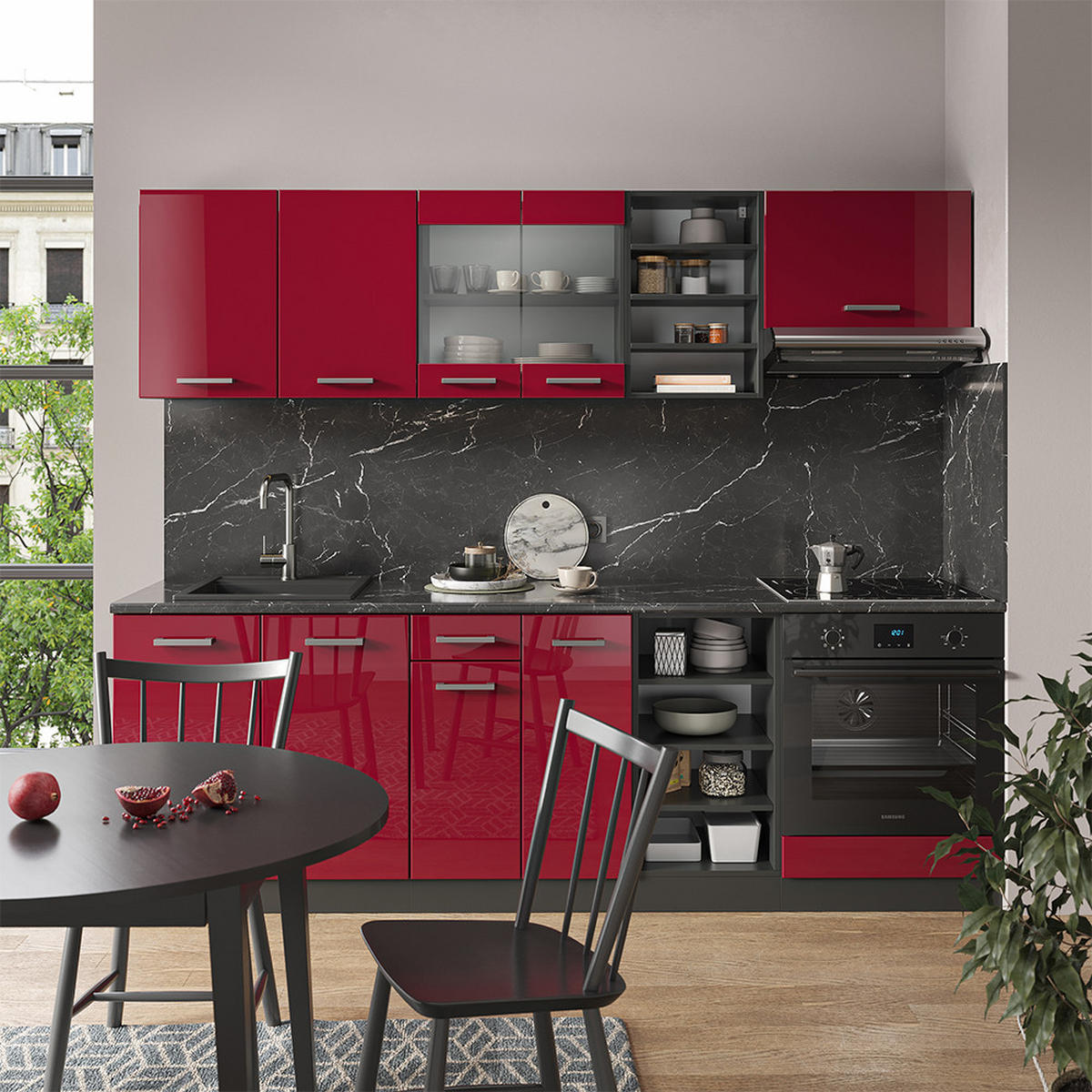 KÜCHENZEILE R-Line Bordeaux Hochglanz/Anthrazit 240 cm, AP Eiche - Bordeaux/Anthrazit, Holzwerkstoff (240/81.6/60cm) - Vicco