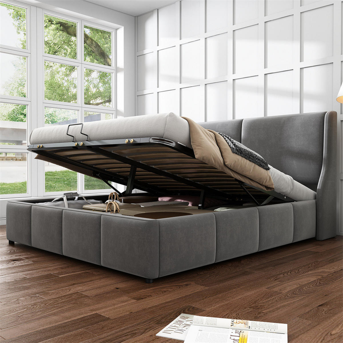 POLSTERBETT 140/200 cm in Grau Samt - Grau, Holz/Textil (140/200cm) - KOMHTOM