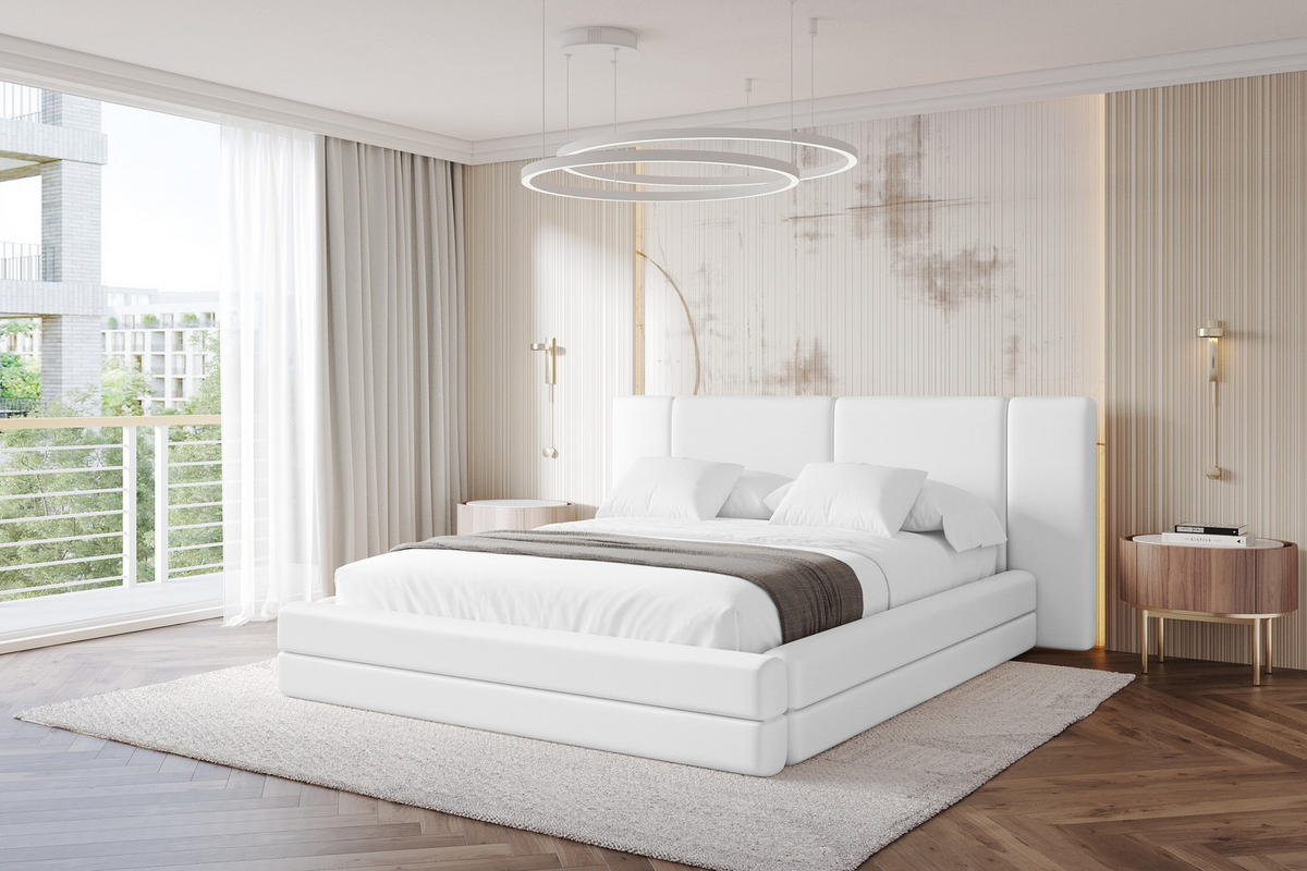 POLSTERBETT mit Bettkasten und Lattenrost, Bett mit Matratze H3/H4 - TEVO 180x200 Weiß - Weiß Hochglanz, Holzwerkstoff/Textil (180/200cm) - ALTDECOR