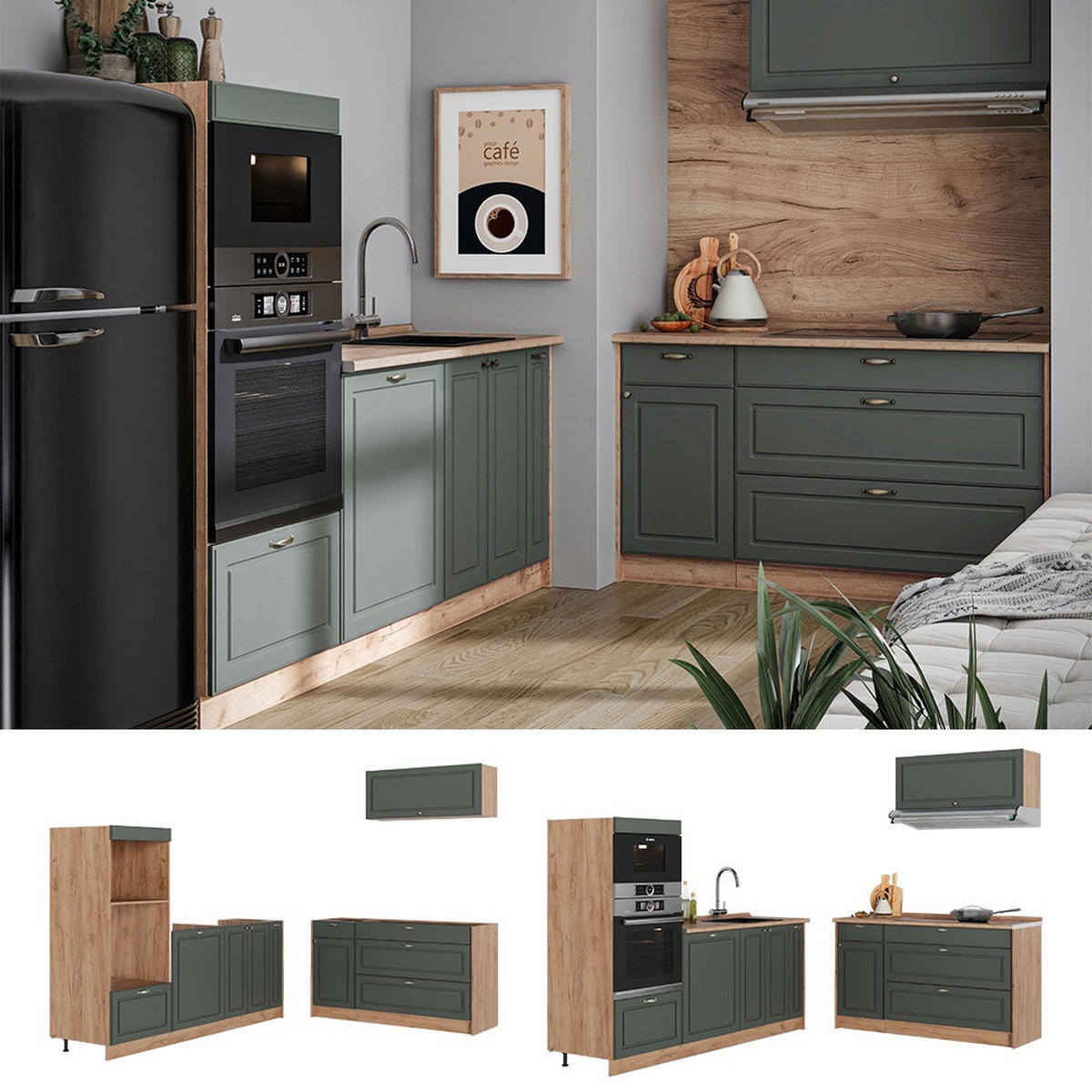 KÜCHENZEILE Fame-Line, Grün-Gold Landhaus/Goldkraft Eiche, 340 cm ohne Arbeitsplatte - Honigeiche/Grün, Holzwerkstoff (340/153.6/51.6cm) - Vicco