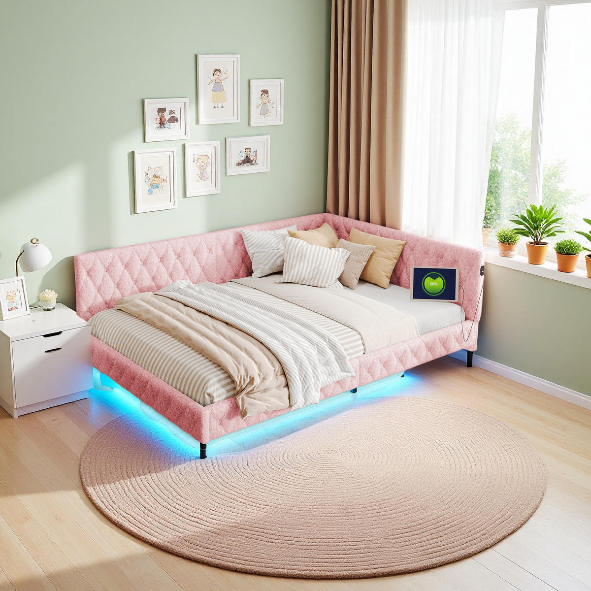 ČALÚNENÁ posteľ 140x200 ružová látka LED USB - pink, kompozitné drevo (140/200cm) - SHOPENTRA