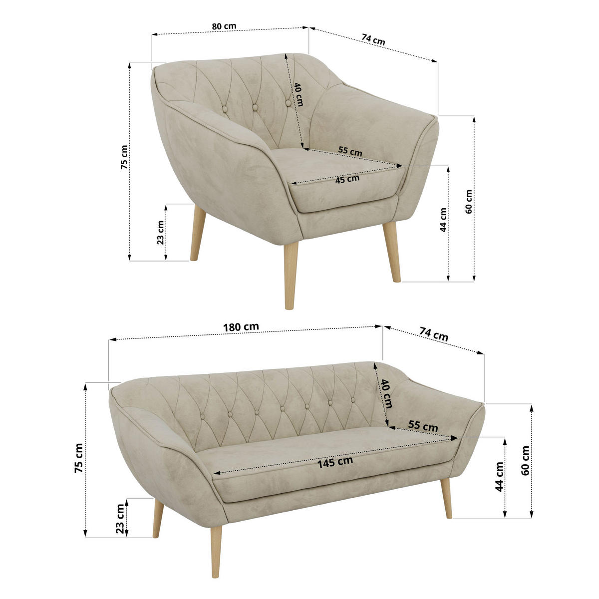 SEDACÍ SOUPRAVA 3+1+1 PIRS - Béžová Samet - Dřevěné nohy - barva buku/béžová, kompozitní dřevo/textil (180/75/74cm) - MKS