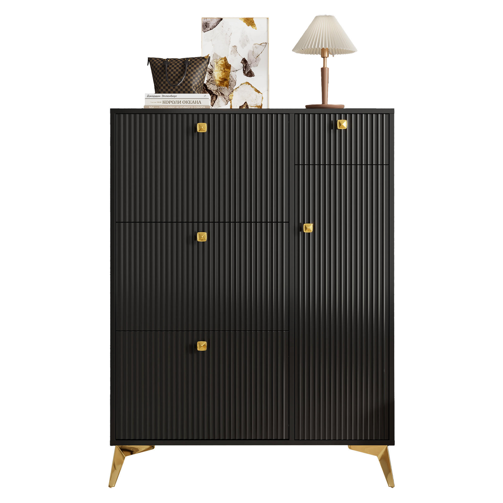 SCHUHSCHRANK in Schwarz Schuhkipper mit 3 Klappen und 1 Schublade für Eingangshalle und Flur, B90/T25/H121cm - Goldfarben/Schwarz, Holzwerkstoff/Metall (90/121/25cm) - STILVORA
