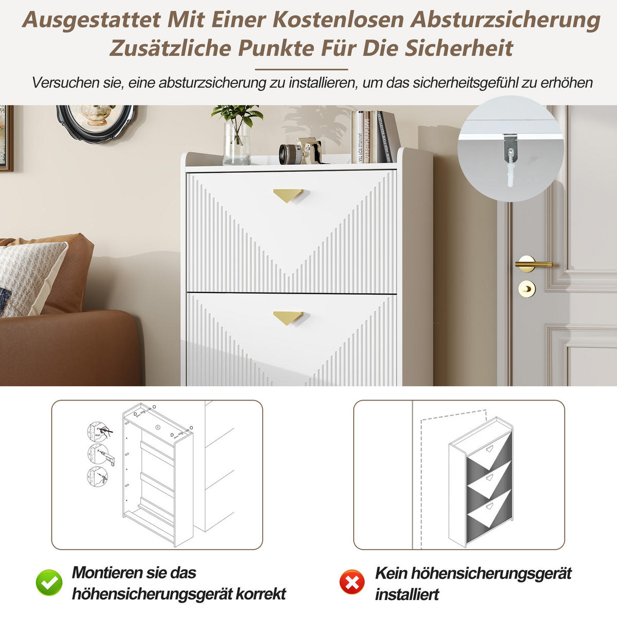SCHUHSCHRANK in Weiß Schuhkommode mit 3 Klapptüren & 6 Schuhfächern, MDF, Vakuumformdesign, B70/T30/H120cm - Weiß, Holzwerkstoff (70/120/30cm) - STILVORA