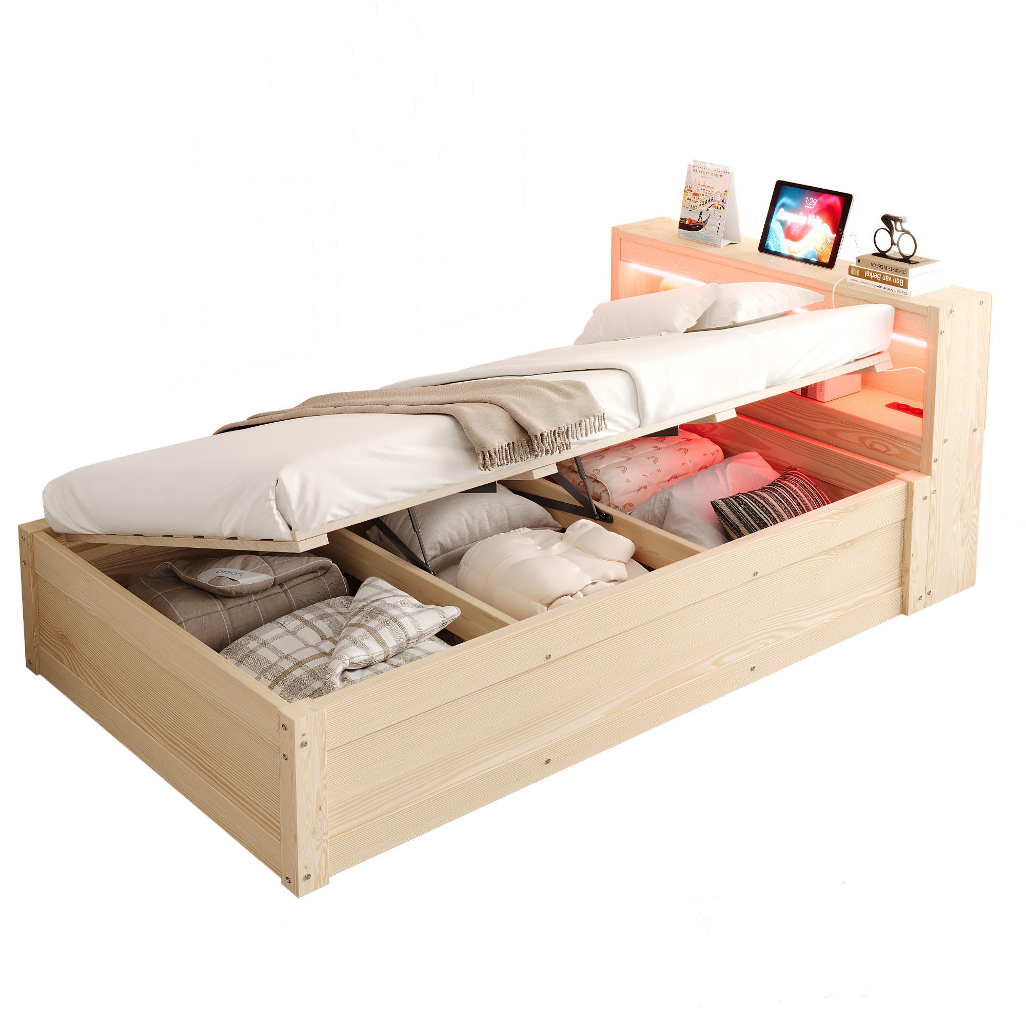 BETT 90/200 cm in Holzfarbe mit Bettkasten und LED - Naturfarben, Holz/Holzwerkstoff (90/200cm) - CHICFURN