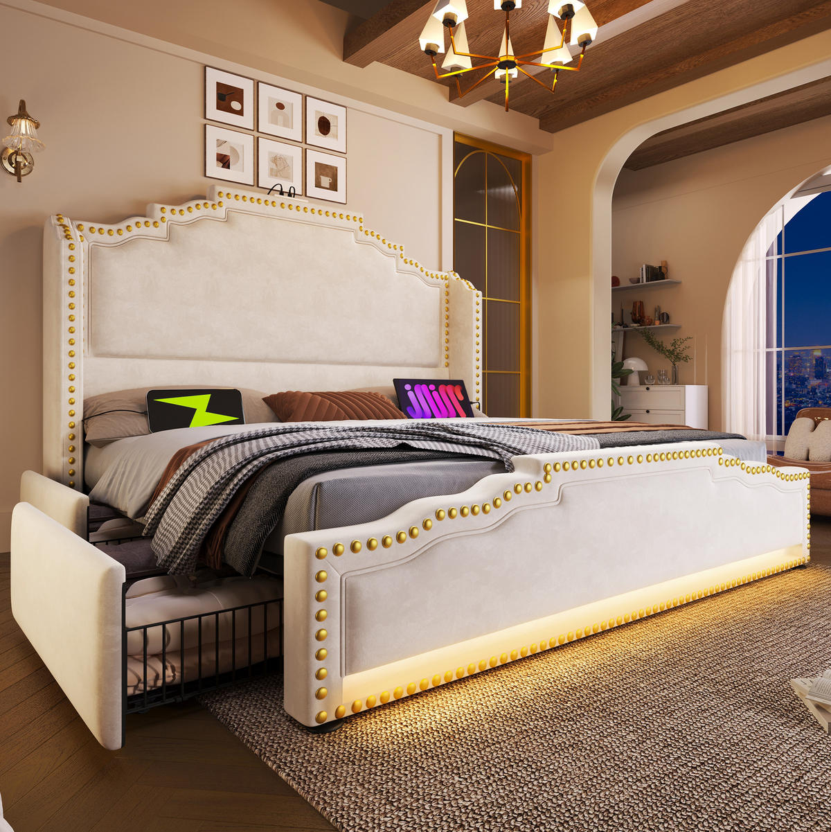 POLSTERBETT 160/200 cm Beige aus Samt mit LED-Beleuchtung - Beige, Leder (160/200cm) - OKMYHOME