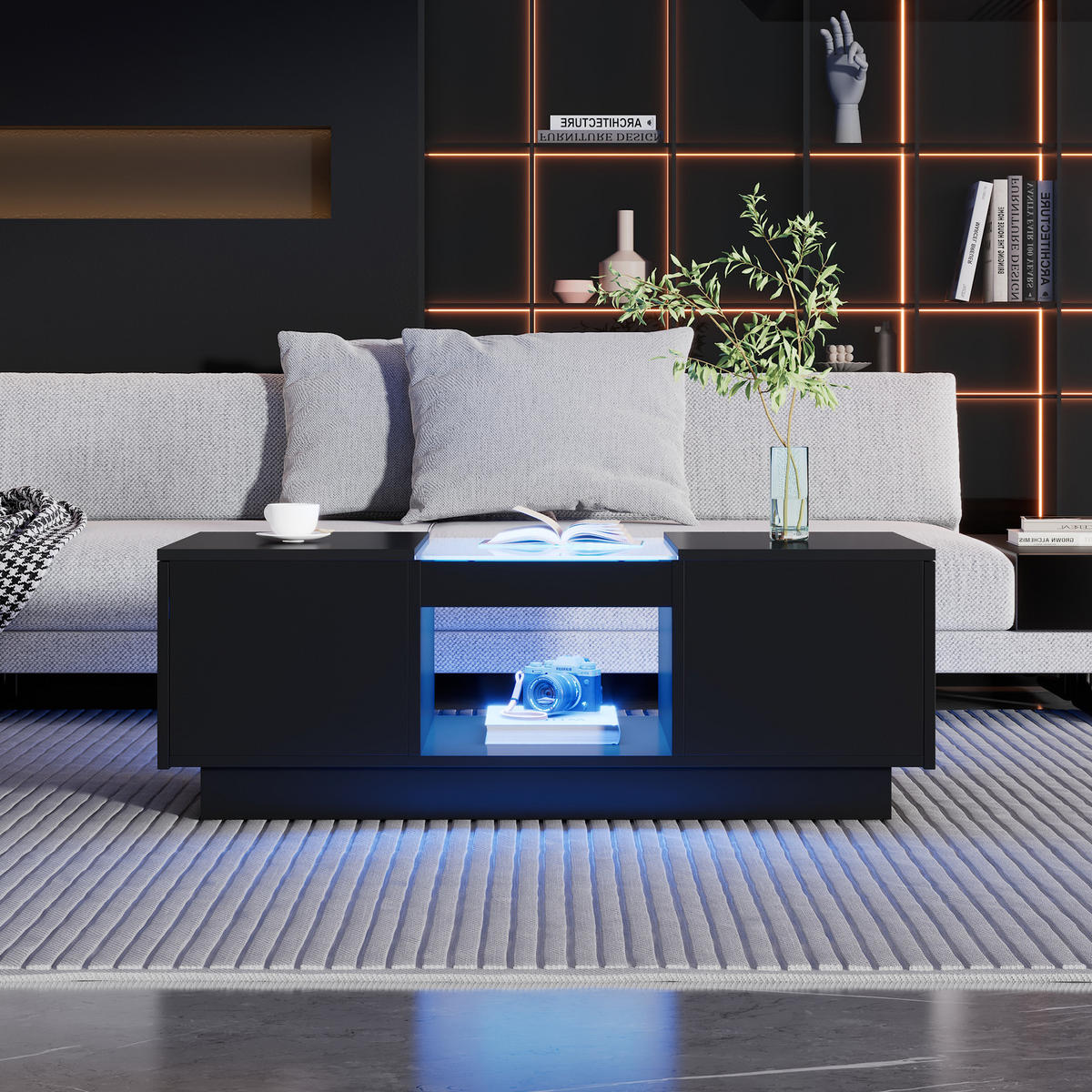 COUCHTISCH Beistelltisch mit LED App Steuerung und QR Bluetooth, Glas Tischplatte, Schubladen modernes Design - Schwarz, Holzwerkstoff (100/50/35.5cm) - EVRYAE