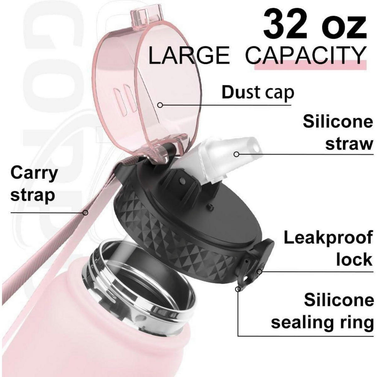 TRINKFLASCHE mit Strohhalm 1000 ml Edelstahl Auslaufsicher Rosa Blau - Rosa, Metall (8/8cm)