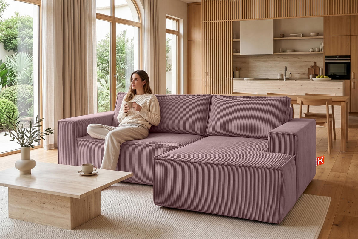ECKSCHLAFSOFA-RECHTS NAPI in Pet Friendly Cord-Stoff, hellviolett - Violett/Schwarz, Textil (262/148cm) - KONSIMO®