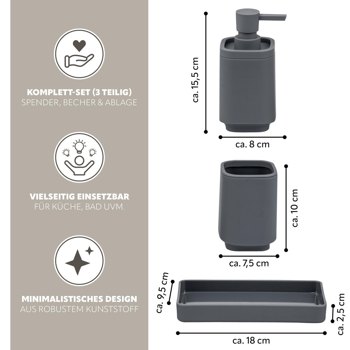 BAD-ACCESSOIRES-SET VALONA, Soft-Touch, grau - Grau, Kunststoff (18/2.5/9.5cm) - eluno