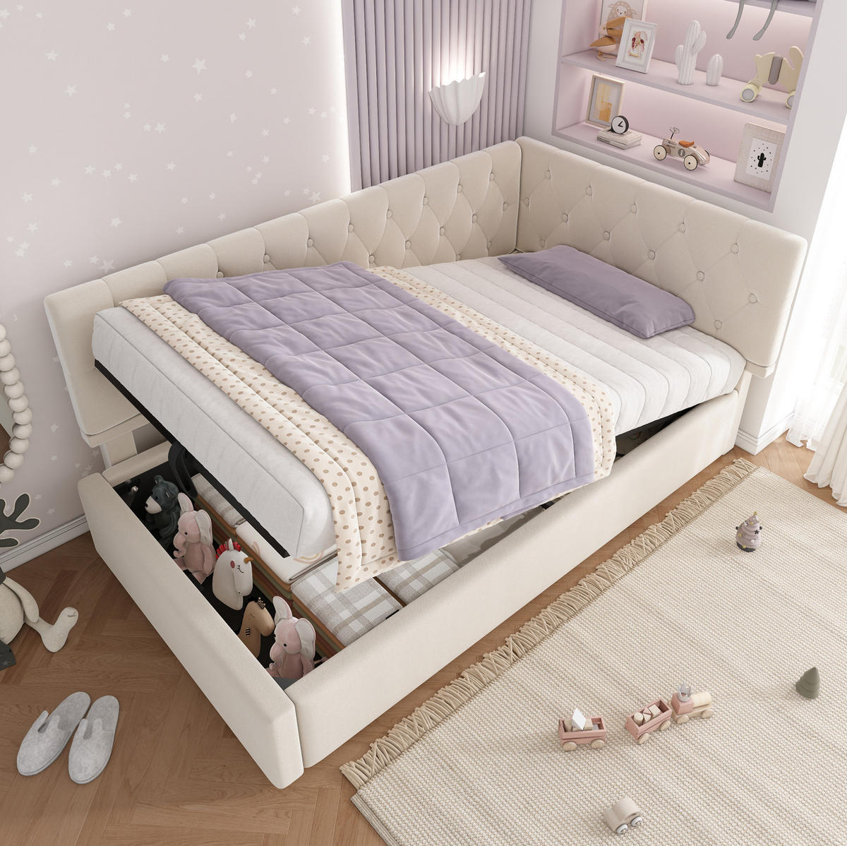 POLSTERBETT 90/200 cm aus Samt mit Bettkasten in Beige - Beige, Textil (90/200cm) - Flora Grace