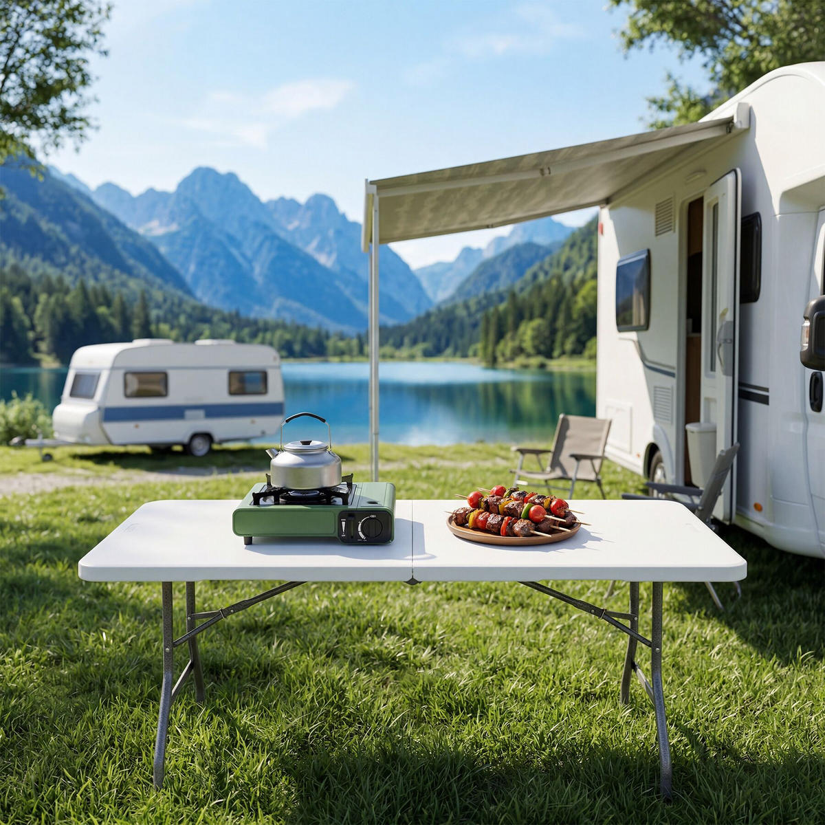 CAMPINGTISCH Panja, gummierter Tragegriff, weiß - Weiß, Kunststoff (70/180/74cm) - tectake