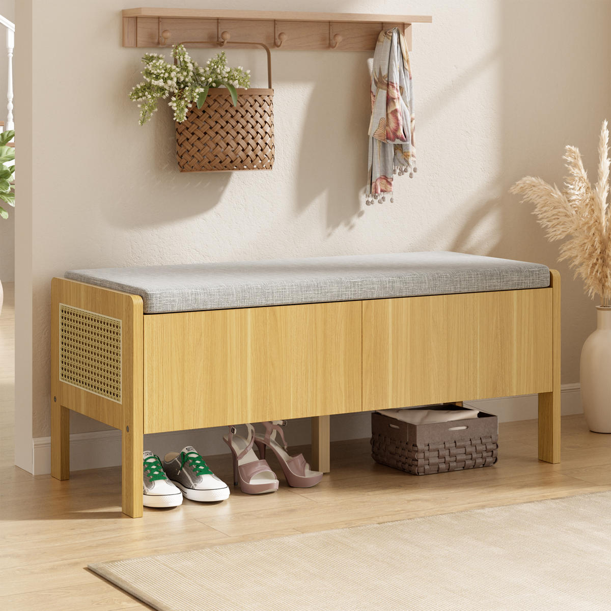 SCHUHBANK mit Stauraum, Polsterung & Rattan-Seiten, vielseitig einsetzbar, Natur/Beige, Standardgröße - Naturfarben/Grau, Glas/Holzwerkstoff (113/45.5/40cm) - EVRYAE