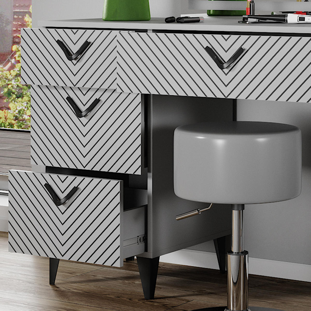 SCHMINKTISCH Anett Grau 150 cm mit LED Spiegel und Hocker - Grau, Holzwerkstoff (150/78.1/45cm) - Vicco