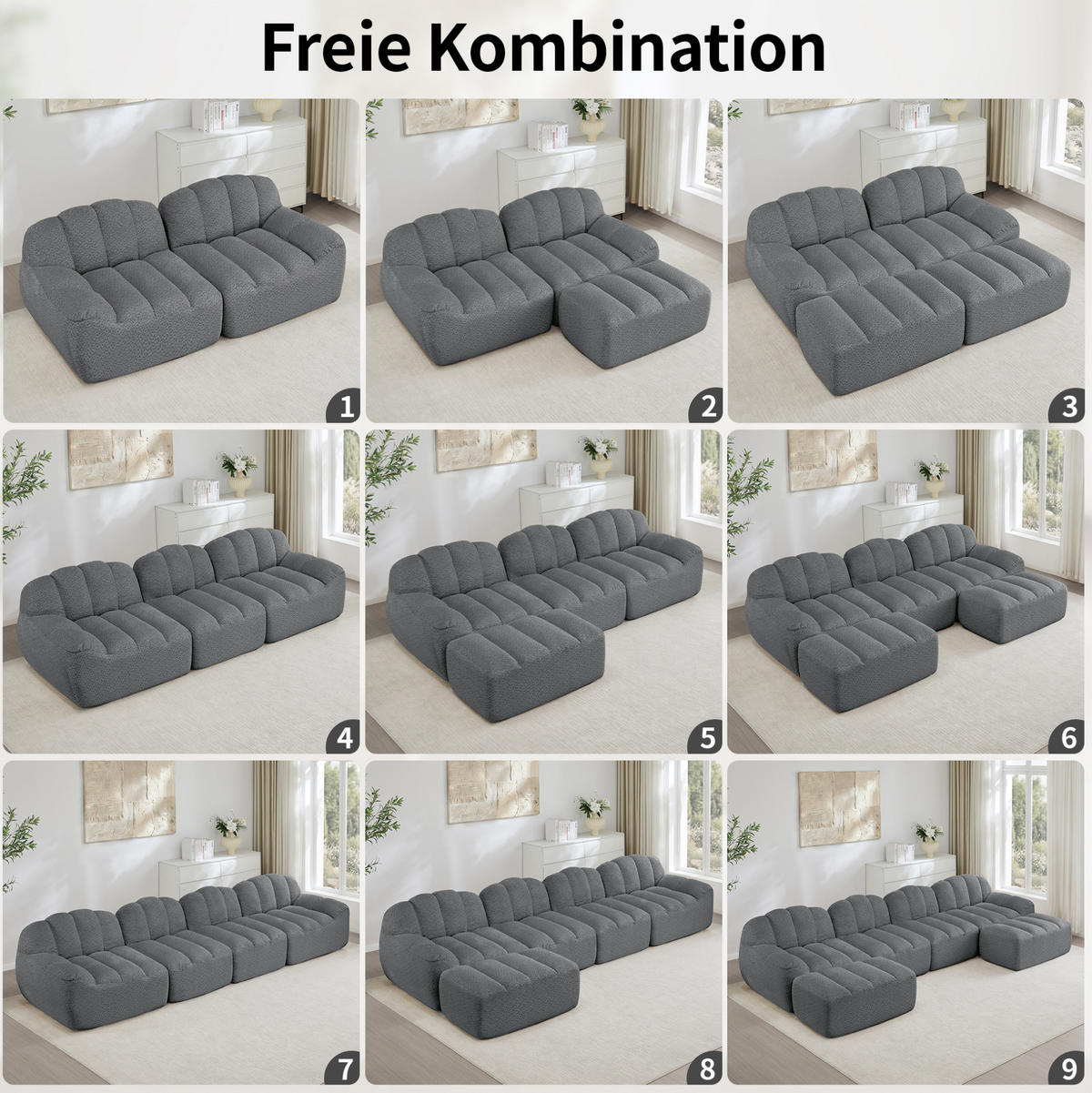 SOFA in Grau mit Ottoman und flexibler Stellvariante - Grau, Textil (104/79/288cm) - Flora Grace
