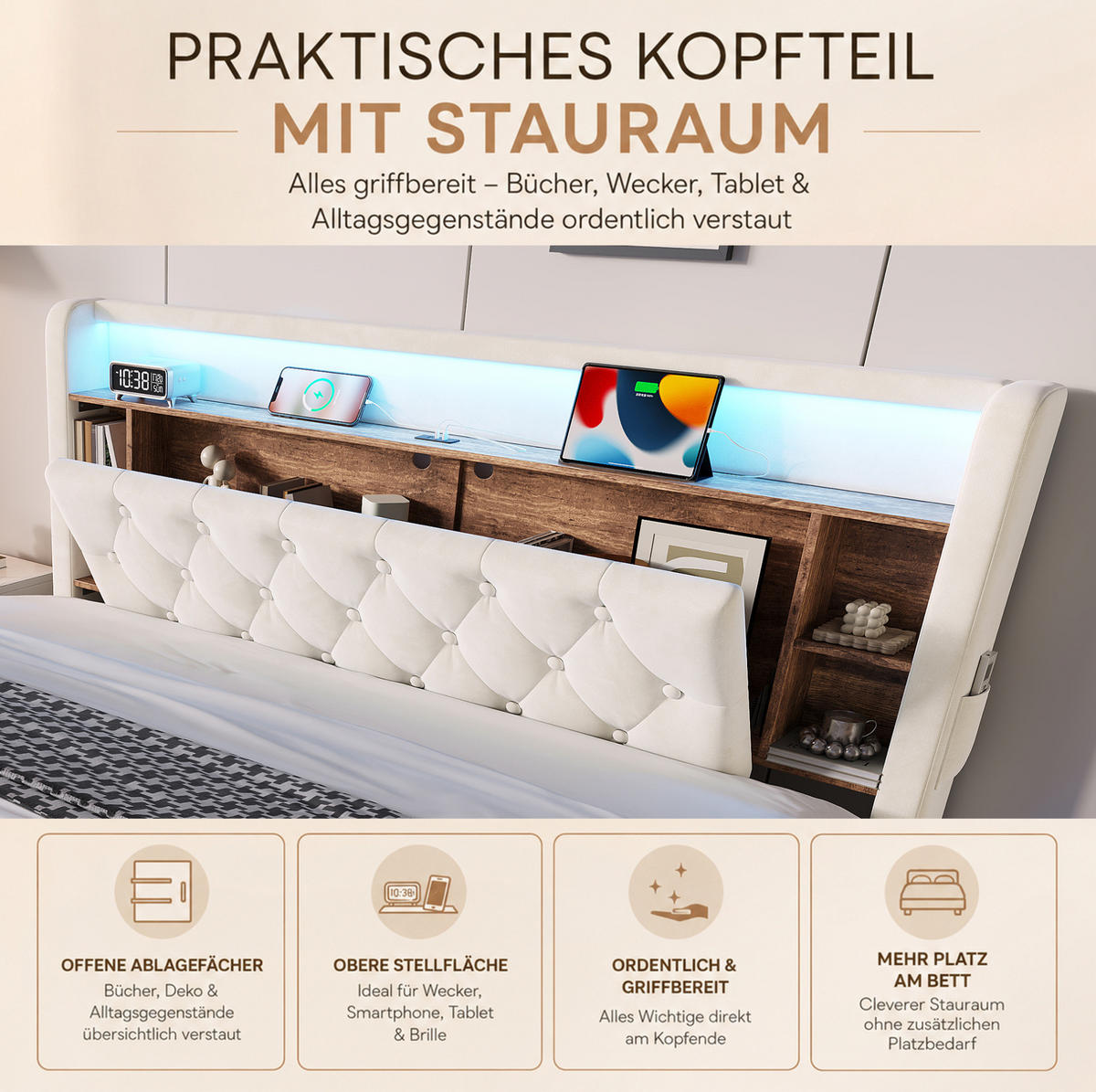 POLSTERBETT 180x200 cm in Beige mit LED-Beleuchtung, Bettkasten und USB-Anschlüssen - Beige, Textil (180/200cm) - IVMEU