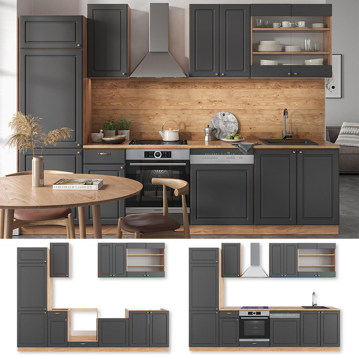 KÜCHENZEILE Fame-Line Anthrazit Landhaus/Goldkraft Eiche 300 cm ohne AP - Honigeiche/Dunkelgrau, Holzwerkstoff (300/81.6/46cm) - Vicco