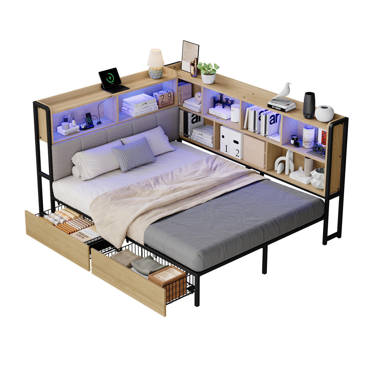 ČALÚNENÁ posteľ 90x200/140x200 cm s LED osvetlením, USB a Type-C nabíjaním, úložným priestorom a 2 zásuvkami, Sivá - prírodná farba, kompozitné drevo (140/200cm) - Redom