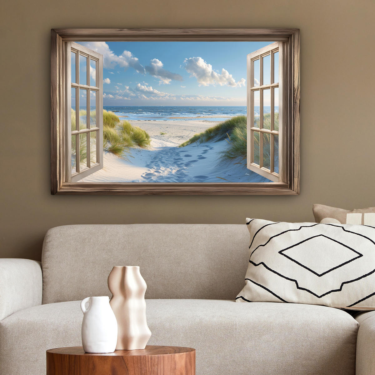 LEINWANDBILD Aussicht - Strand - Fenster - Dünen - Meer Gemälde 60x40 cm - Hellblau, Textil (60/40cm) - MuchoWow