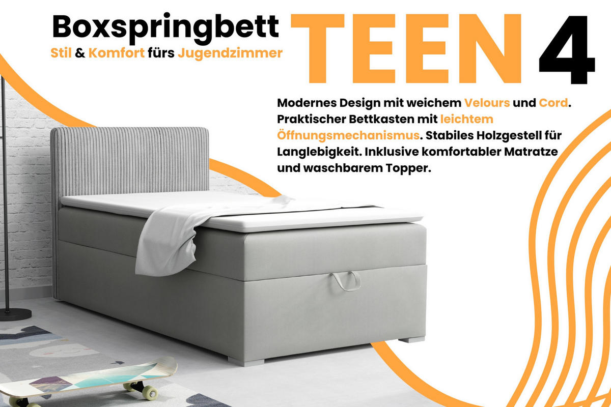 BOXBETT TEEN 4 90/200 Velours / Cord Hellgrau H3 - Hellgrau, Holz/Holzwerkstoff (90/200cm) - Deine Möbel 24