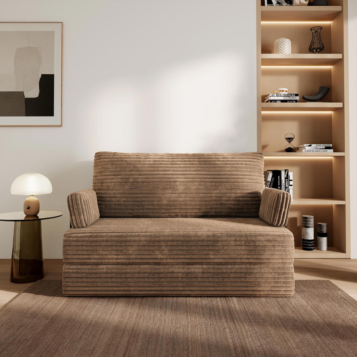 BETTSOFA LADIA aus Schaumstoff Cordstoff Beige Schlaffunktion - Beige, Textil (140/86/60cm) - MASSENO