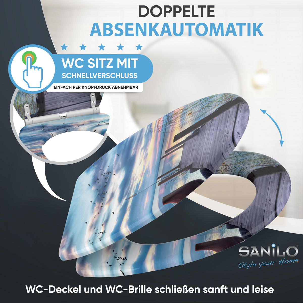 WC-SITZ mit Absenkautomatik & Top Fix Sunset - Blau, Holzwerkstoff (37.7/5.5/48cm) - Sanilo