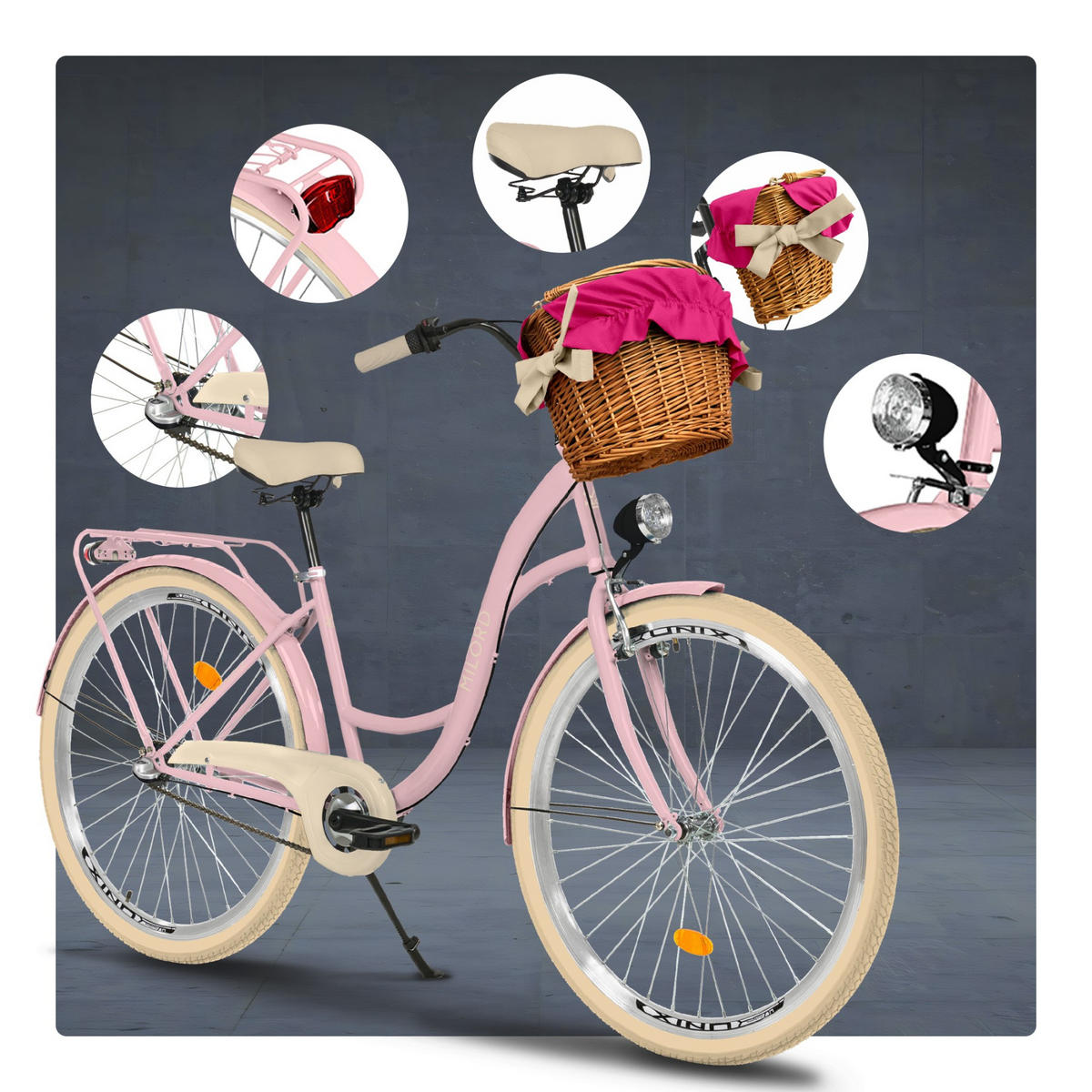 CITY-FAHRRAD Milord mit Weidenkorb, 28 Zoll, Rosa-Creme, 3-Gang - Pink/Creme, Metall (46cm) - Milordbikes
