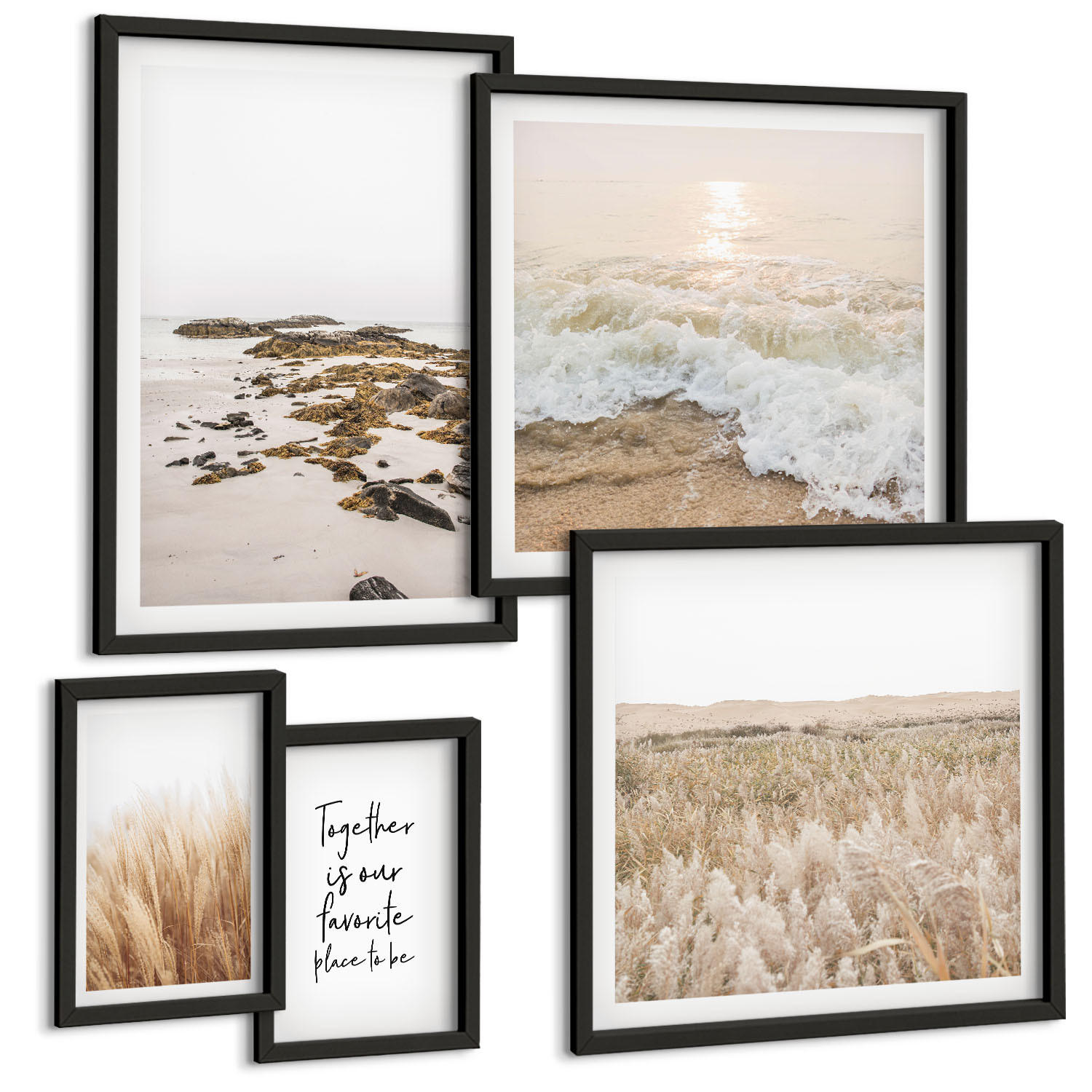 BILDER SET 5er Set - 50x50 cm & 20x30 cm & 40x60 cm Schwarzer Rahmen - Wiesen, Strand, Boho-Stil - Schwarz, Kunststoff (40/60cm) - TULUP