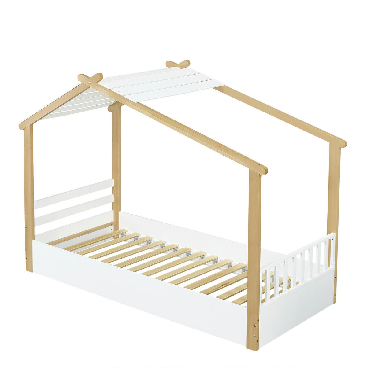 HAUSBETT 90/200 cm Weiß/Natur aus Kiefer, Spanplatte und MDF mit Holzhausdesign - Weiß, Holz (90/200cm) - OKMYHOME
