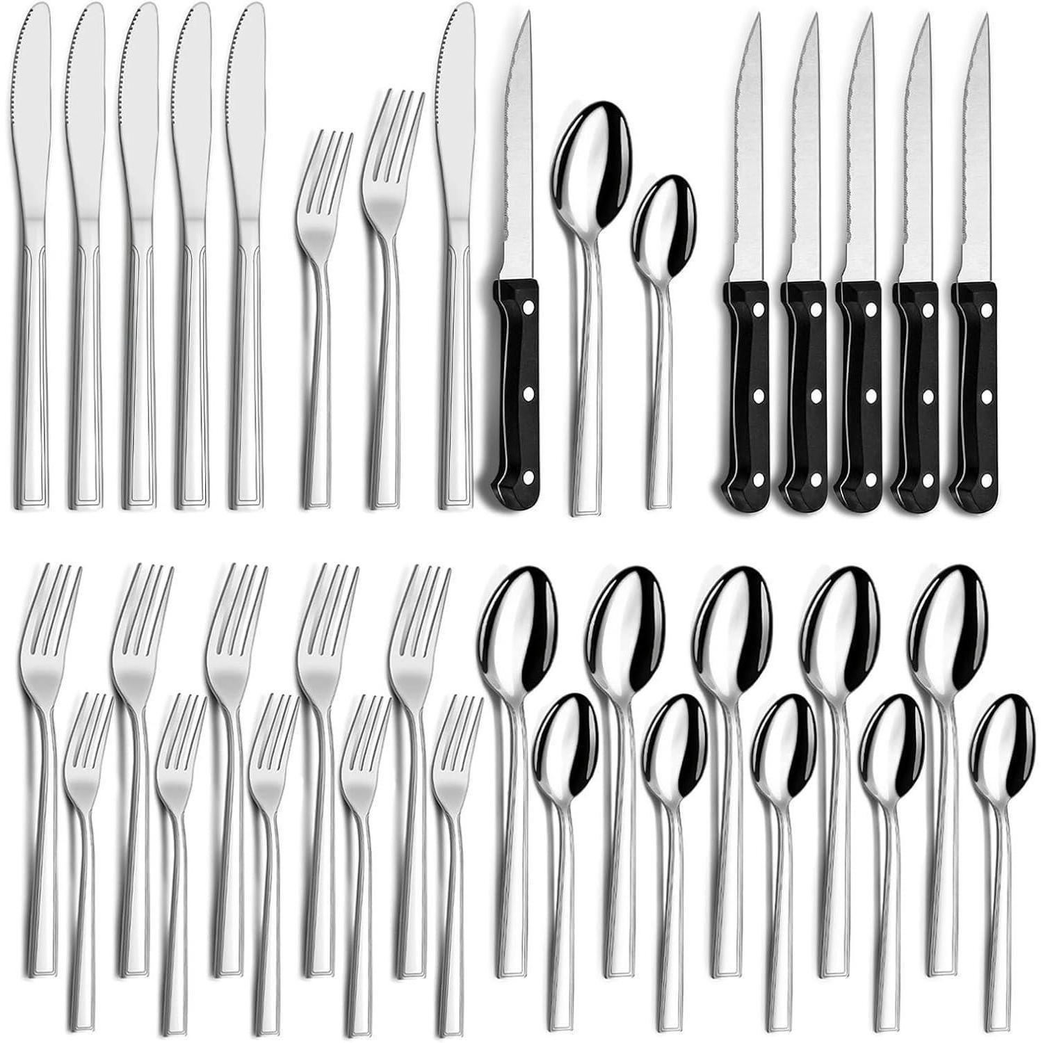 BESTECKSET 36-teilig Edelstahl 6 Personen mit Steakmessern spülmaschinenfest silber - Silberfarben, Metall