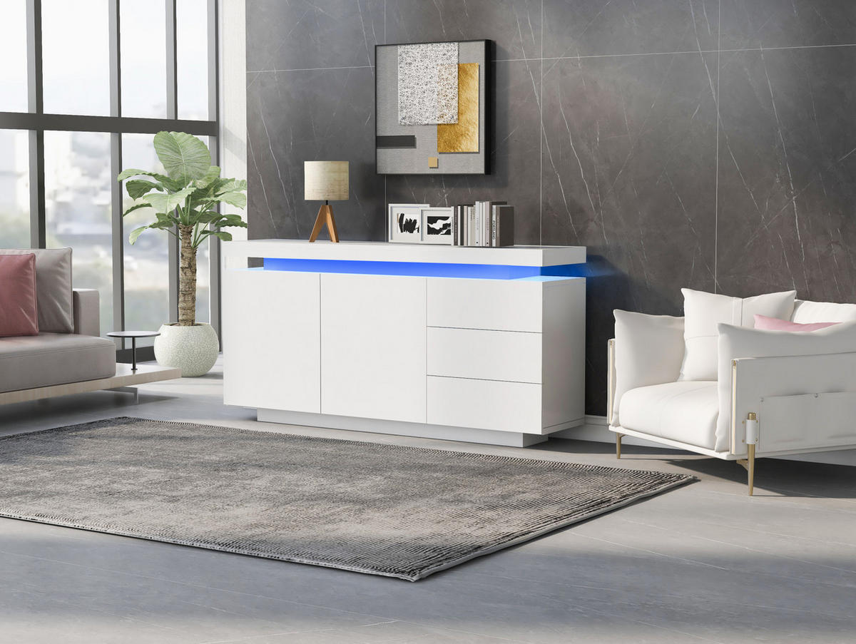 SIDEBOARD 140/35/72,5 cm, Weiß Hochglanz, 2 Türen und 3 Schubladen, integrierte LED, grifflose Optik, Weiß - Weiß, Holzwerkstoff (140/72.5/35cm) - Redom