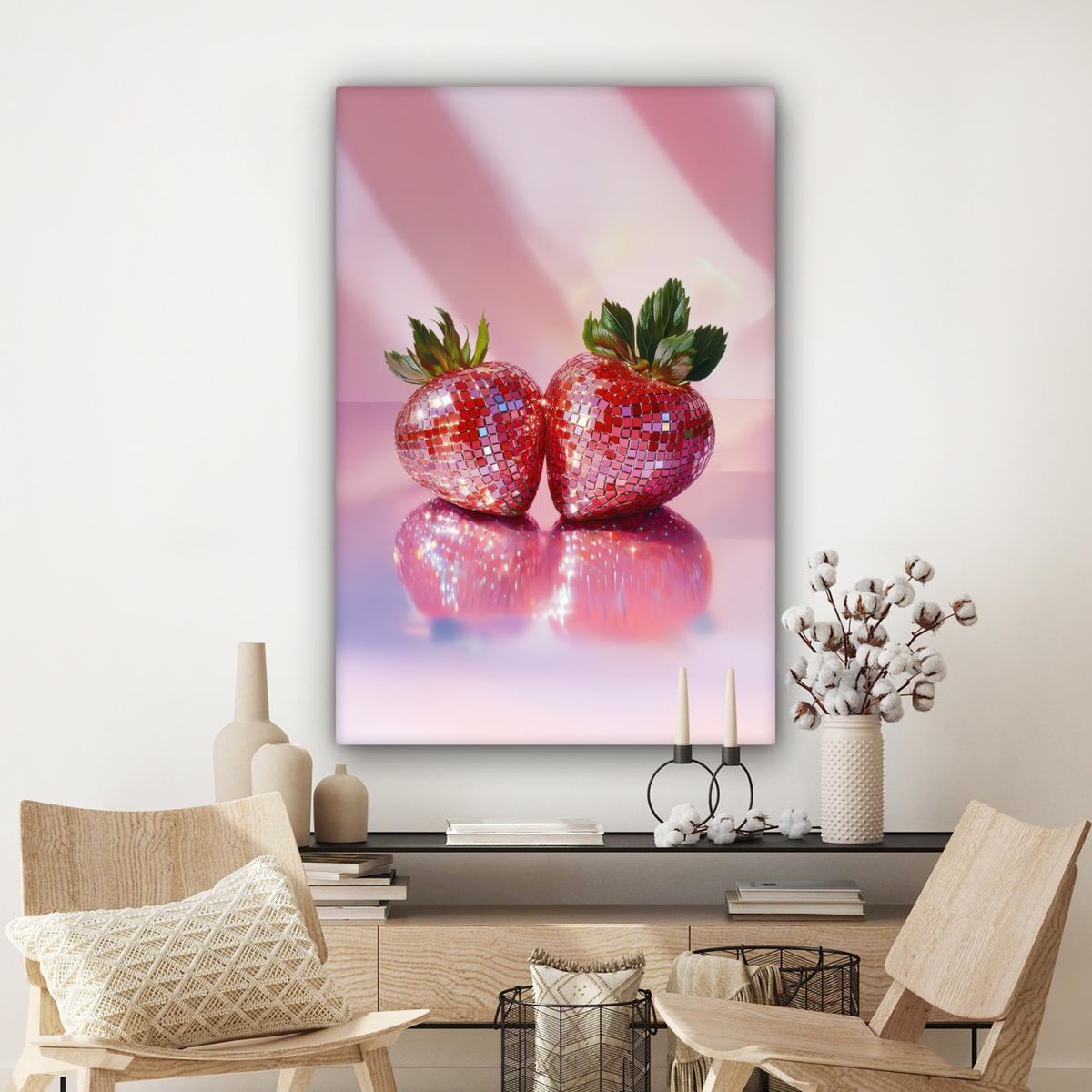 LEINWANDBILD Disco - Obst - Glitzer - Erdbeere 90x140 cm - Pink, Textil (90/140cm) - MuchoWow