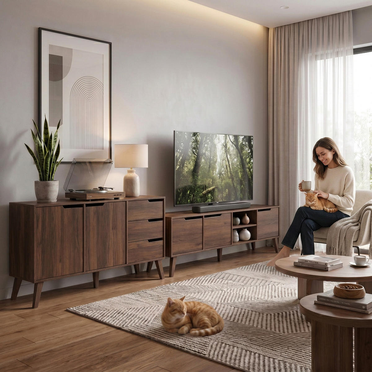 WOHNWAND Norel 2-teilig Kommode 160 cm + TV-Schrank 180 cm, Wallnuss - Walnussfarben, Holzwerkstoff (180/55/40cm) - Beautysofa