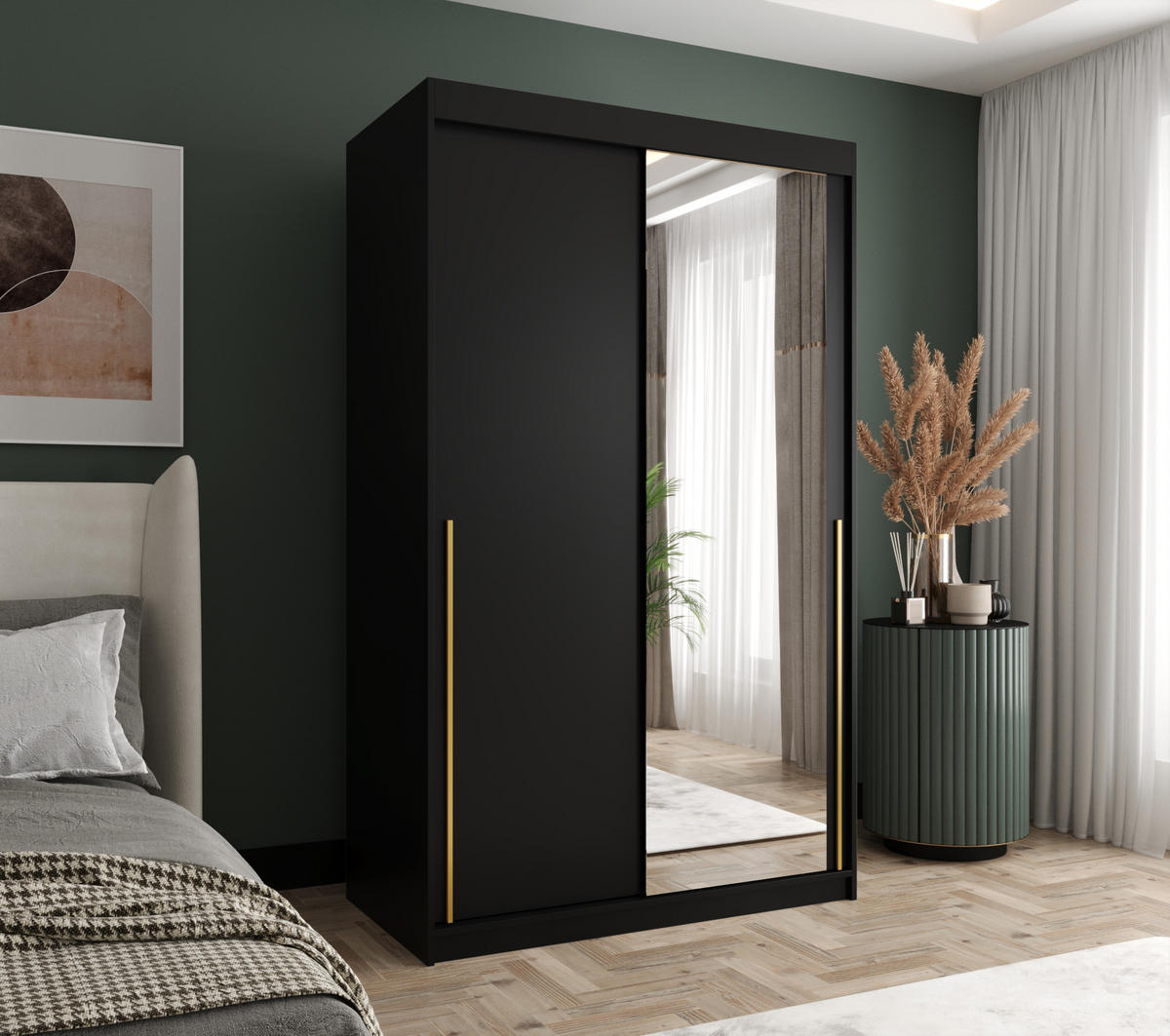 SCHIEBETÜRENSCHRANK mit Spiegel 120 cm Breite, Schwarz mit goldenem Griff - Goldfarben/Schwarz, Holzwerkstoff (250/200/62cm) - Home Collective